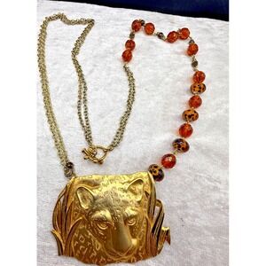 Vintage Park Lane Lioness Necklace Safari Gold‎ Tone Glass Beads 30" Signed